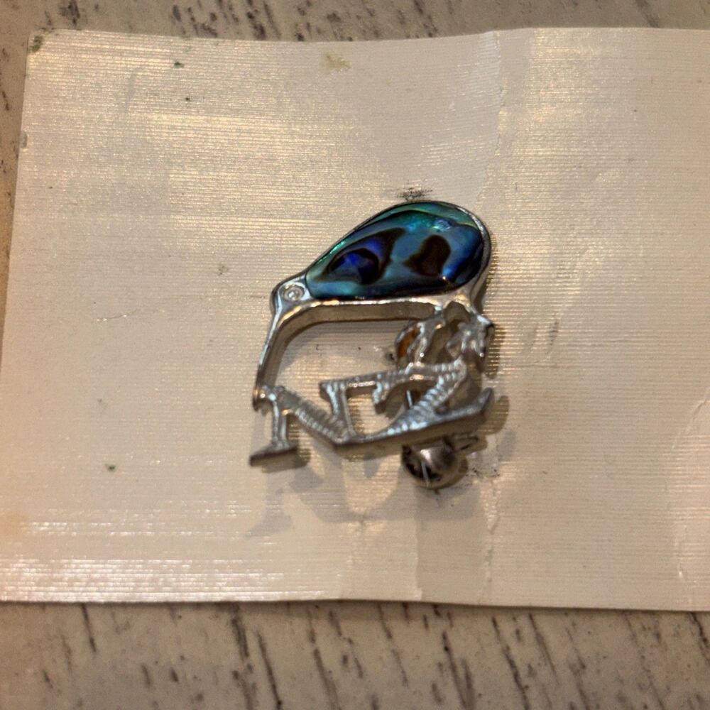 Sterling Silver New Zealand Kiwi Bird Abalone Shell Brooch Vintage Cute